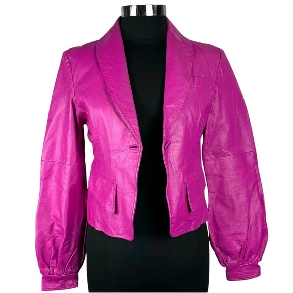 METRO STYLE Y2K HOT PINK LEATHER PUFF SLEEVE TAILORED BARBIE BLAZER JACKET - Picture 5 of 15